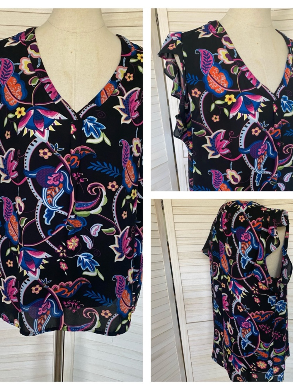 Philosophy Flutter Sleeve V-Neck Floral Top SZ L